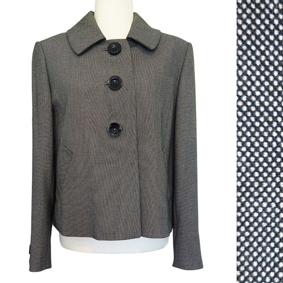 Tahari ASL Gray Mini Polka Dot Blazer Large Black Buttons Preppy Career PETITE - Picture 1 of 10